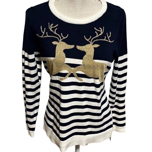 Reindeer Christmas t shirt. Sz PM, navy/white/gold - Picture 1 of 7
